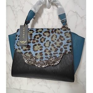 SHARIF Legacy Haircalf Turquoise& Black Epi Leather Engraved Leaf Satchel - NWT